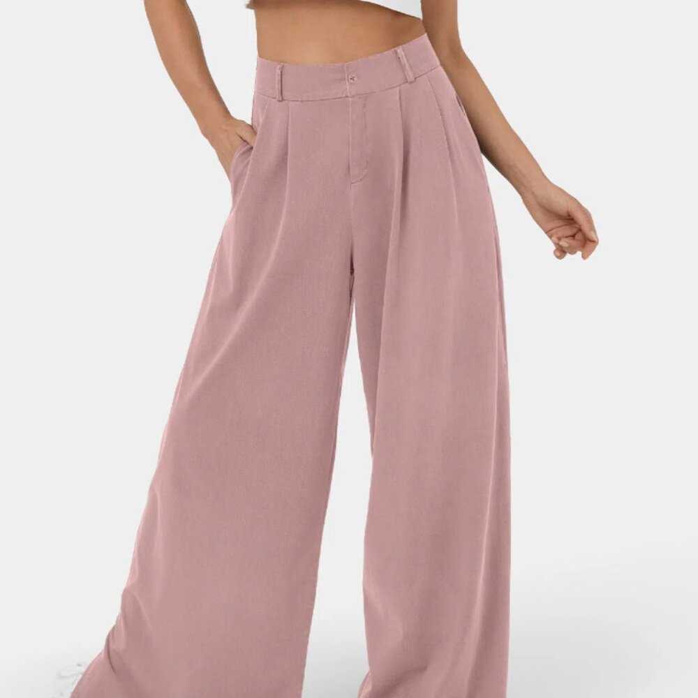 High Waisted Button Zipper Plicated Side Pocket Split Hem Wide Leg Casual Pants